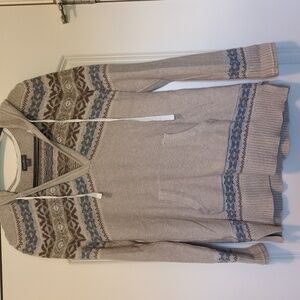 Eddie Bauer Beige and Blue V-Neck Hoodie Sweater